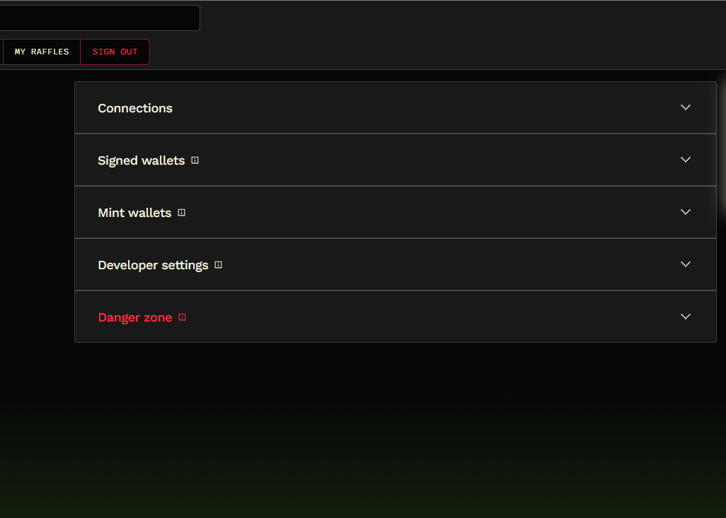 Account settings sections: Connections, Signed wallets, Mint wallets, Developer settings, and Danger zone.