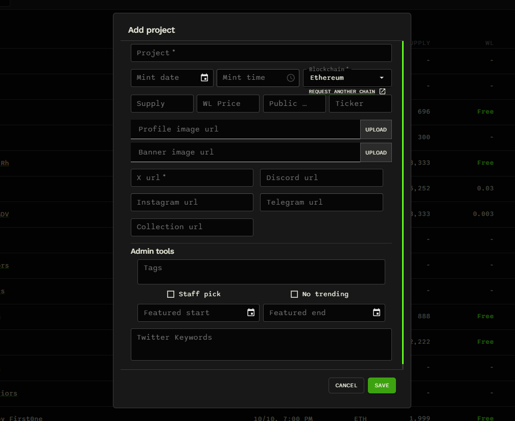 Add project form showing the project name, X URL, other project details, and Save button.