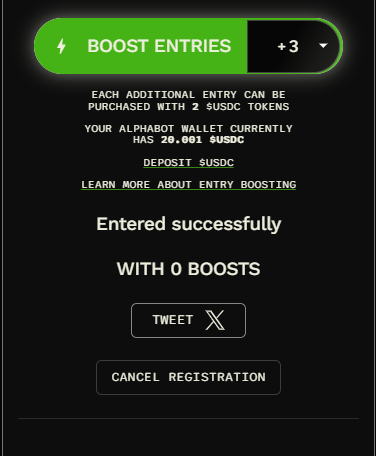 Boost Entries control showing the USDC price per additional entry and the user's Alphabot wallet balance.