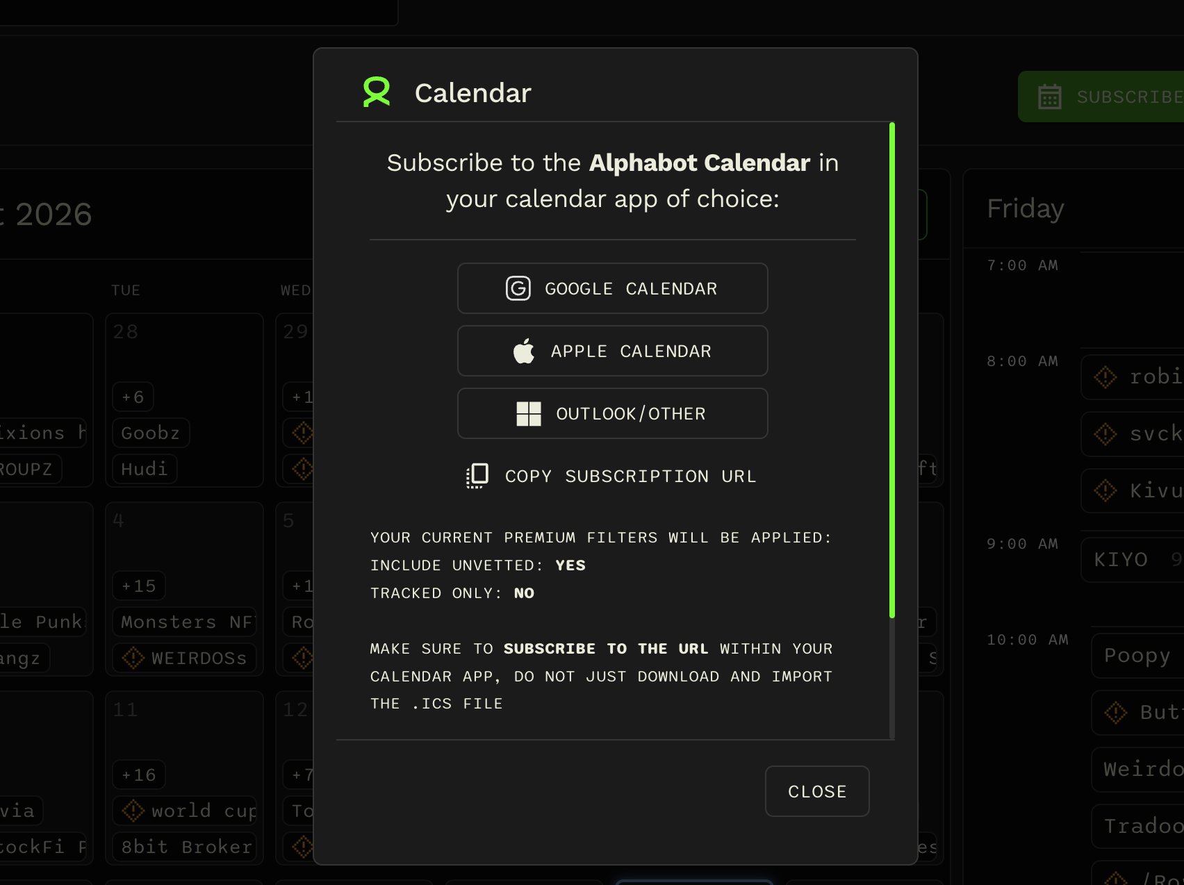 Alphabot calendar subscription dialog with Google Calendar, Apple Calendar, Outlook or other apps, and a Copy Subscription URL option. It shows current Premium filters and advises subscribing to the URL rather than importing an ICS file.