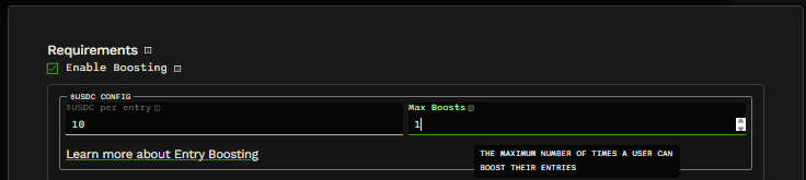 Enable Boosting with USDC cost per entry and Max Boosts settings.