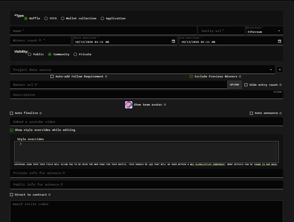 Raffle type, name, URL, blockchain, dates, and optional settings.