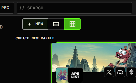 The New button on the Raffles page opens the raffle creator.