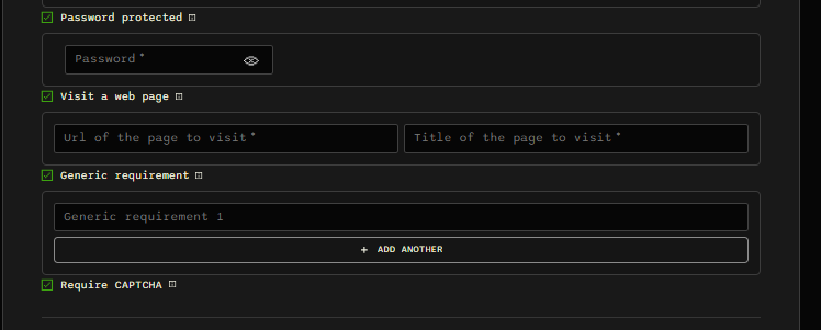 Password, webpage, generic task, and CAPTCHA settings.