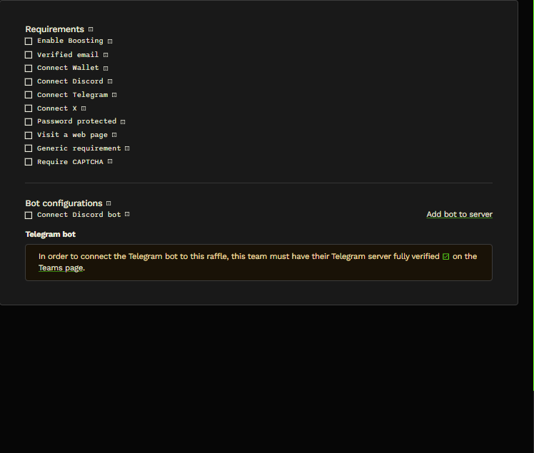 Entry requirements and bot configuration overview.