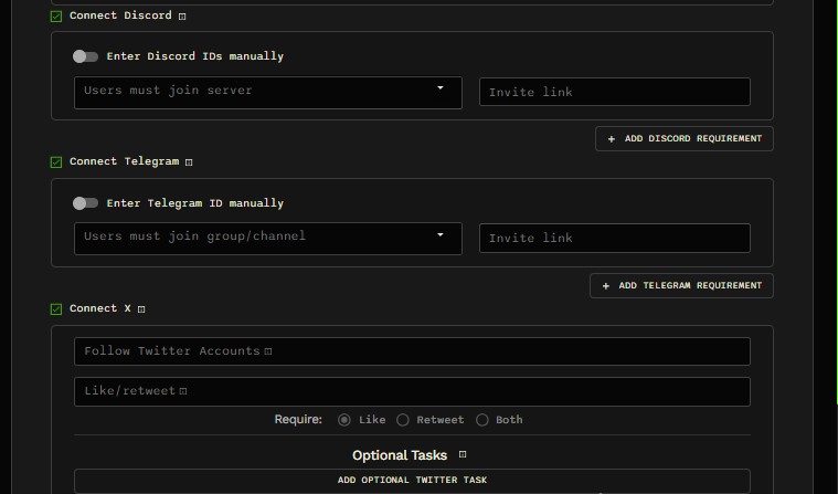 Discord, Telegram, and X requirements.