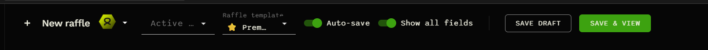 Raffle creator toolbar with team selection, active raffles, templates, auto-save, field visibility, and save controls.