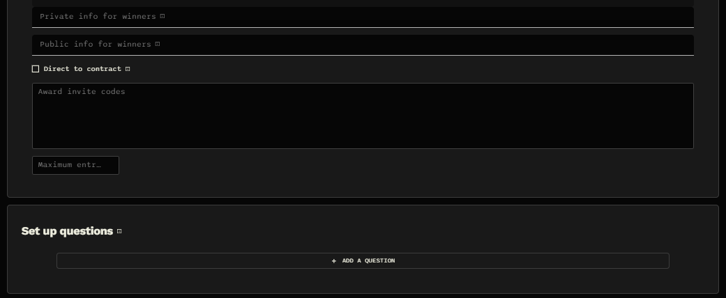 Winner information, codes, maximum entries, and questions.