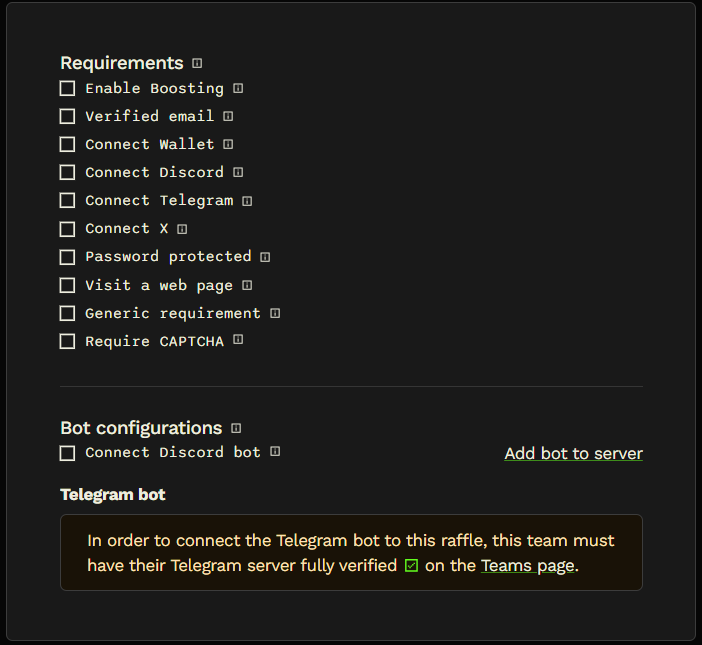 Raffle requirements including boosting, verified email, wallet and social connections, password protection, web page visits, generic requirements, and CAPTCHA, followed by Discord and Telegram bot configuration.