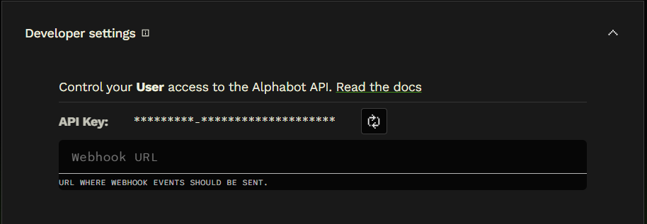Developer settings showing a masked API key and a Webhook URL field.