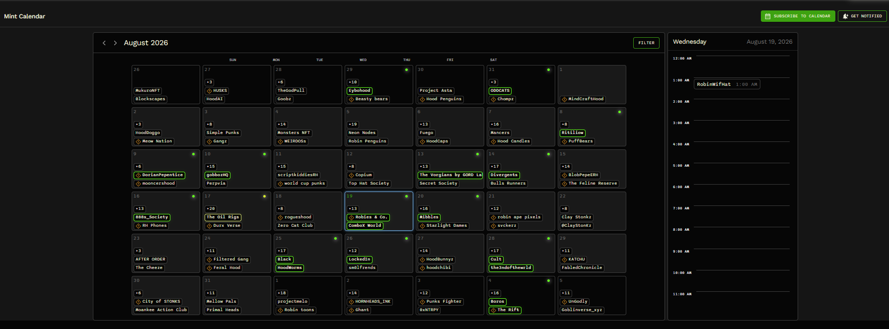 Alphabot Mint Calendar showing a monthly project schedule, a daily timeline, and Subscribe to Calendar and Get Notified buttons.