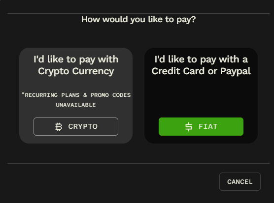 Payment selection showing cryptocurrency or credit card and PayPal options. The crypto option notes that recurring plans and promo codes are unavailable.