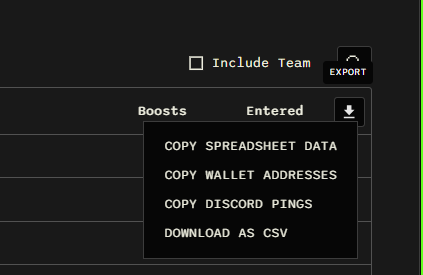 Export menu with Copy Spreadsheet Data, Copy Wallet Addresses, Copy Discord Pings, and Download as CSV.