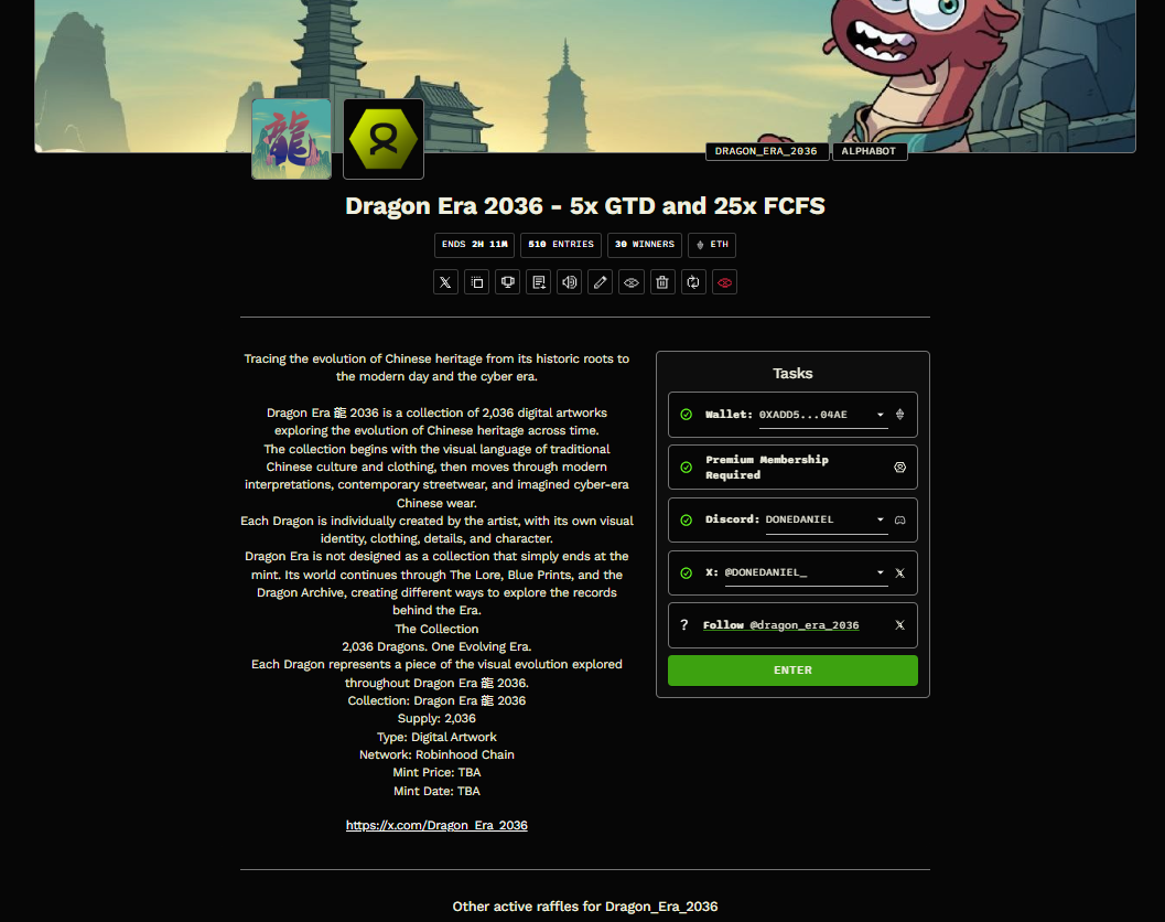 Example raffle page showing the project banner, raffle details, entry tasks, and other active raffles.