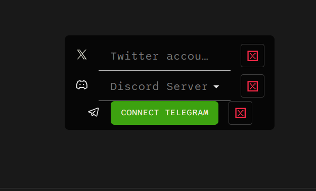Team connection controls for X, Discord, and Telegram.