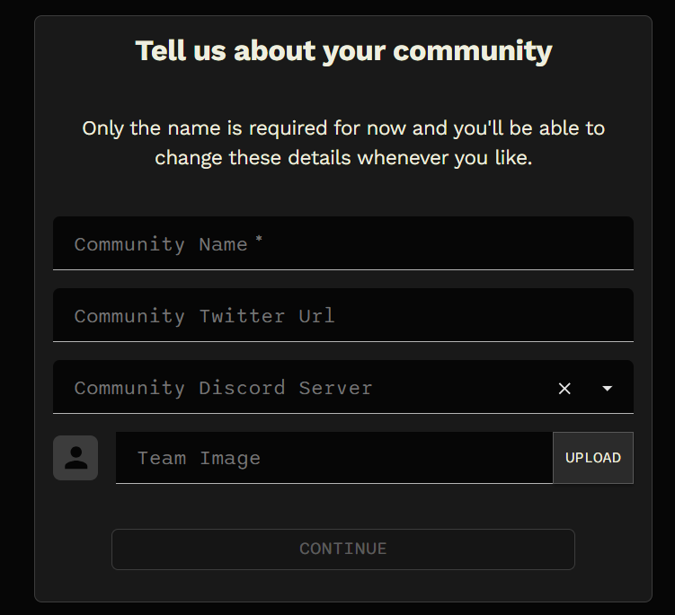 Community setup form with name, X URL, Discord server, and team image fields.