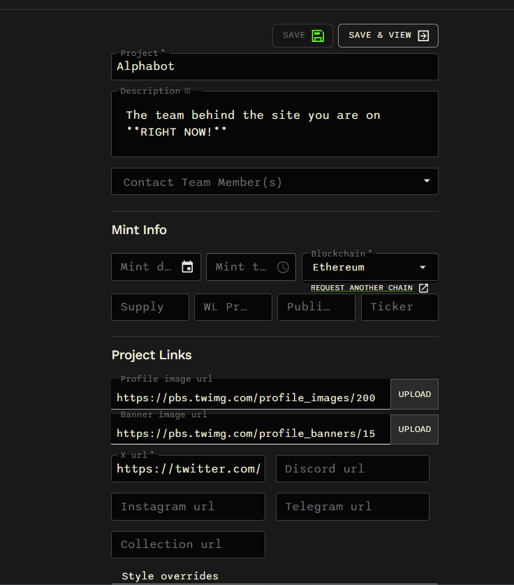 Project editor with description, mint information, and project links.