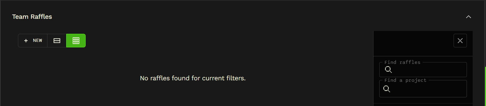 Team Raffles section with a New button, list and grid views, and filters.