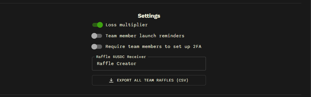 Team settings with the Raffle USDC Receiver selection.