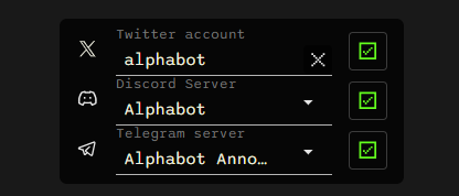 Connected team X, Discord, and Telegram accounts with green verification checkmarks.