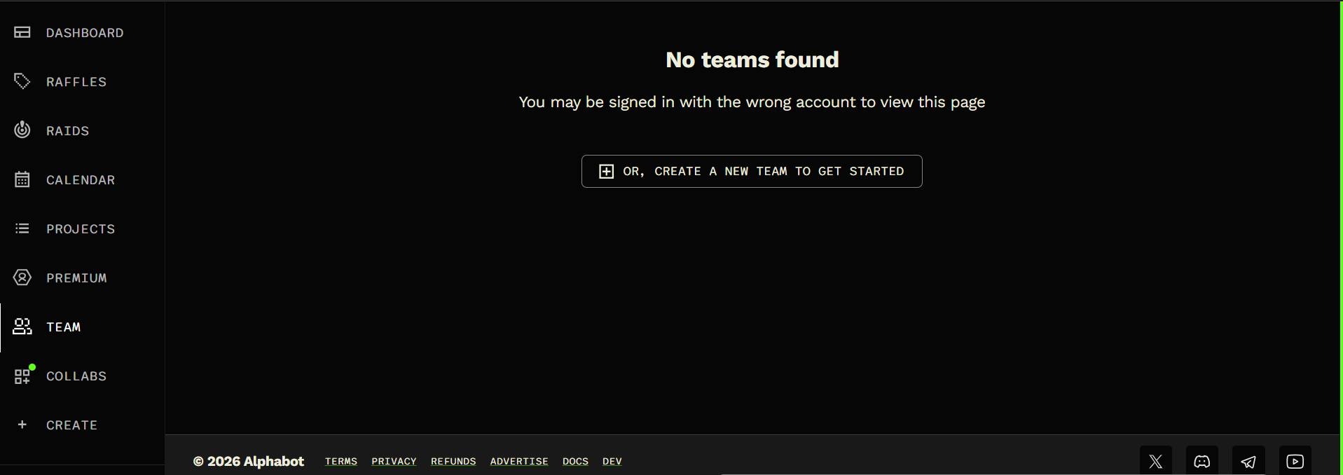 Team navigation and the Create a New Team button.